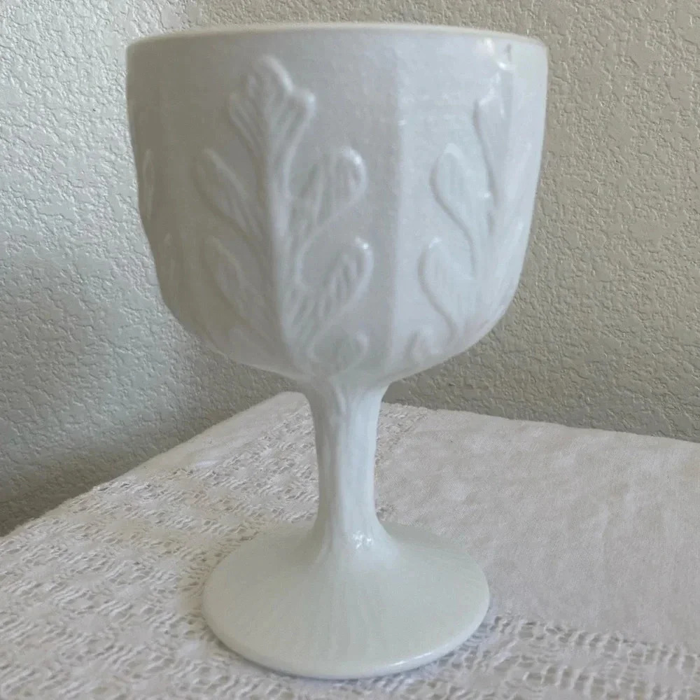 Vintage white milk glass chalice goblet oak leaf pattern